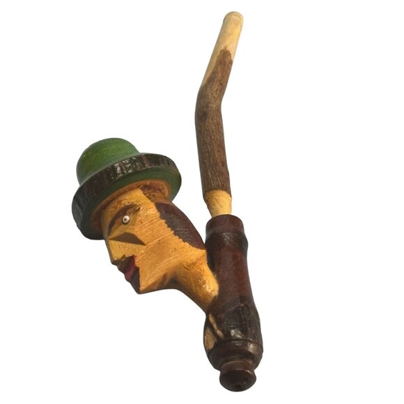 Hand-Carved Italian Character Pipe Wood Green Yellow Mid Century Decorative - Picture 3 of 5